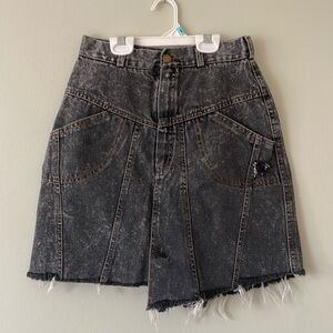 vintage asymmetrical distressed black acid wash denim skirt